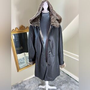 Vintage 100% Shearling Black Leather Hooded Coat Removable Hood XL